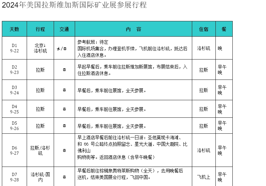 2024年美国拉斯维加斯国际矿业展参展行程